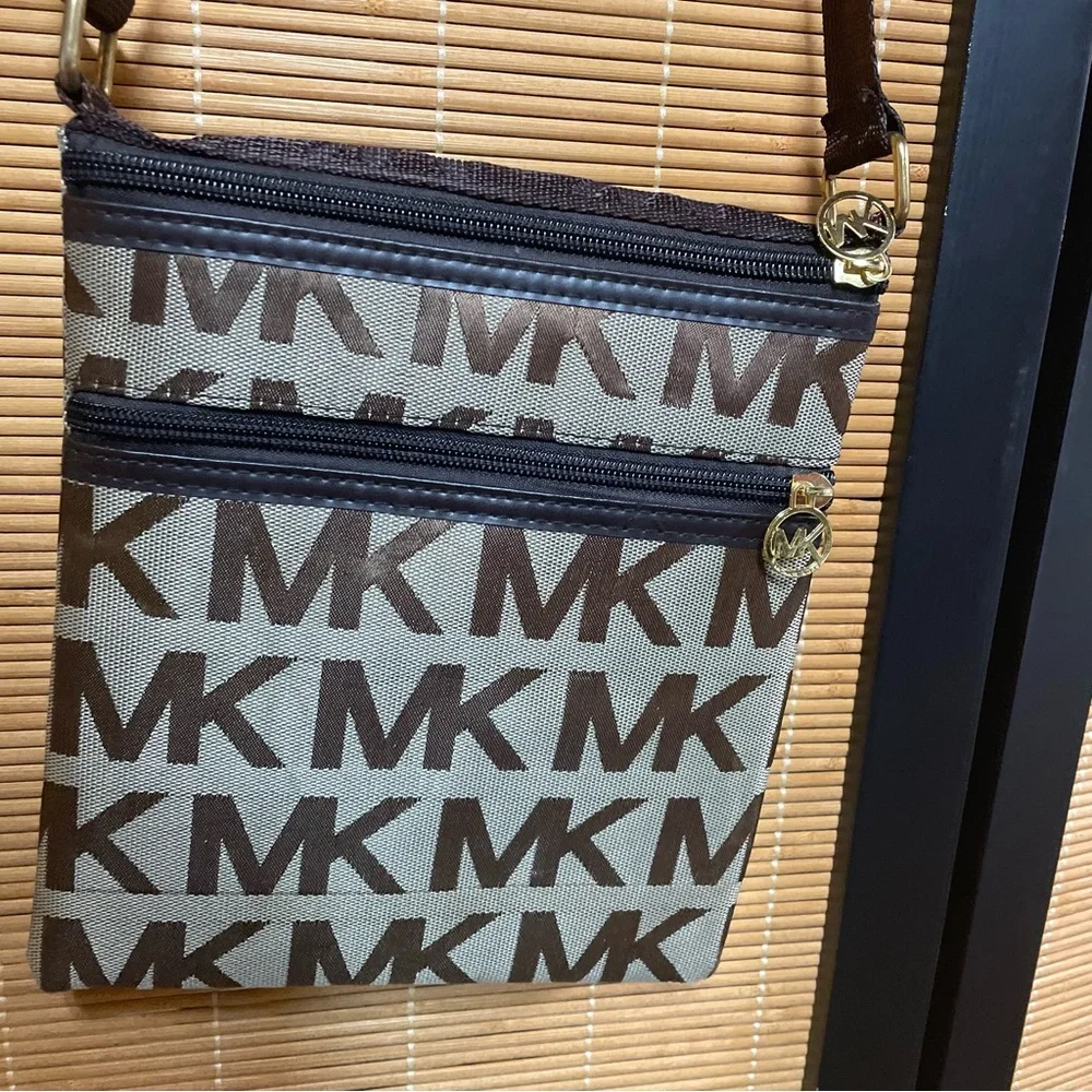 Michael Kors Brown MK Monogram Flat Crossbody Messenger Bag